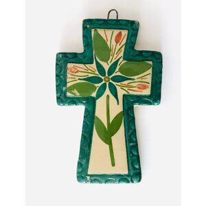 Hecho En Mexico Ceramic Cross Handmade Green 3" Small Wall Decor Mexican